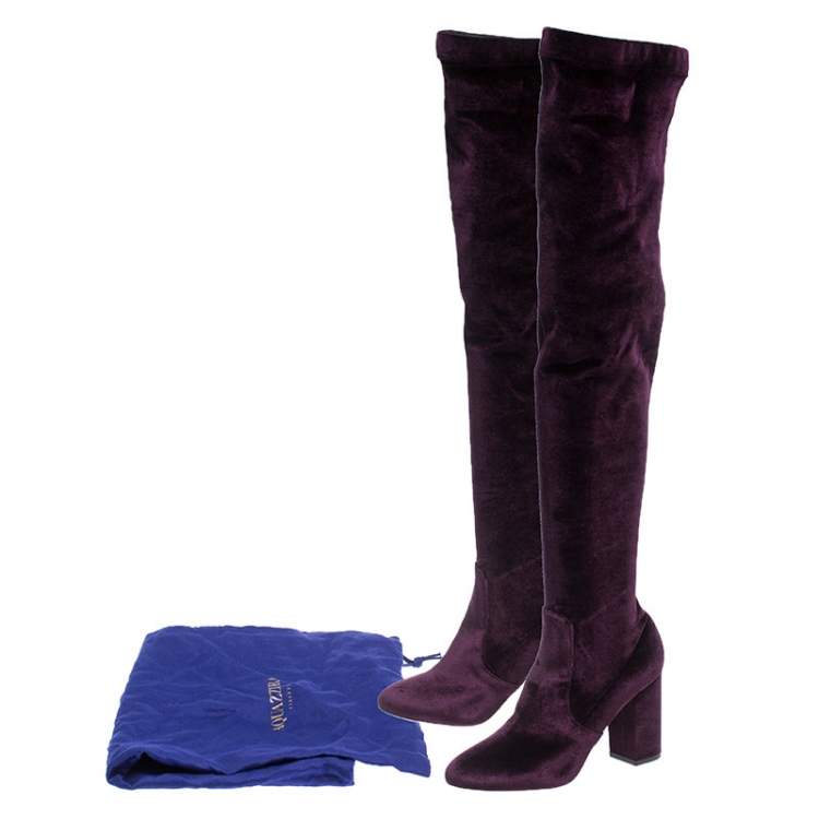 Pre Owned Aquazzura Purple Velvet Knee High Boots Size 39