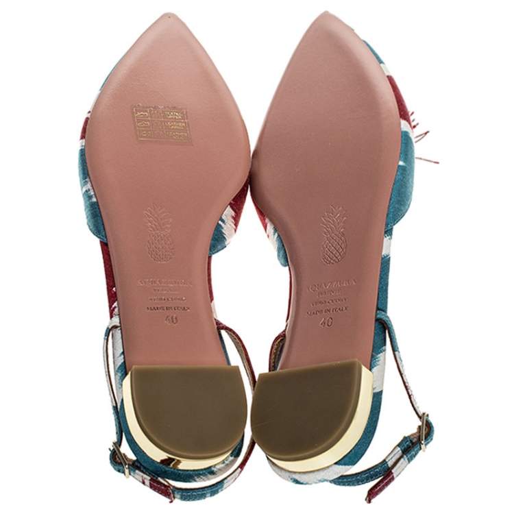 Pre Owned Aquazzura Multicolour Canvas Fringe Detail Ankle Strap Flats Size 40
