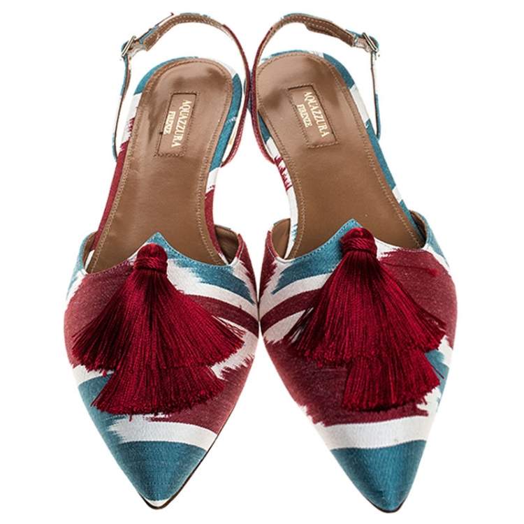 Pre Owned Aquazzura Multicolour Canvas Fringe Detail Ankle Strap Flats Size 40