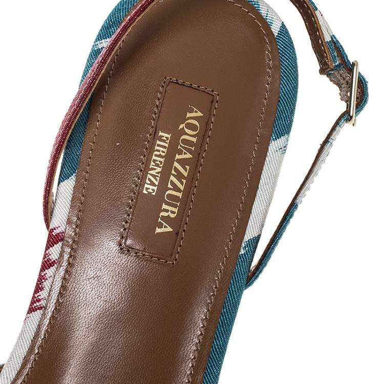 Pre Owned Aquazzura Multicolour Canvas Fringe Detail Ankle Strap Flats Size 40