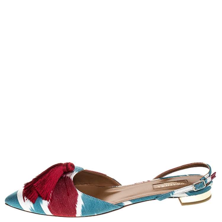Pre Owned Aquazzura Multicolour Canvas Fringe Detail Ankle Strap Flats Size 40