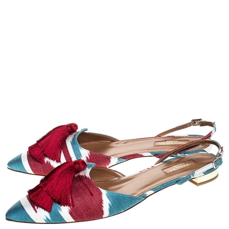 Pre Owned Aquazzura Multicolour Canvas Fringe Detail Ankle Strap Flats Size 40