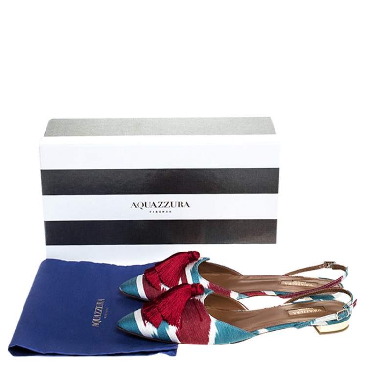 Pre Owned Aquazzura Multicolour Canvas Fringe Detail Ankle Strap Flats Size 40