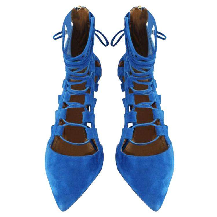 Pre Owned Aquazzura Blue Suede Tie-Up Pumps