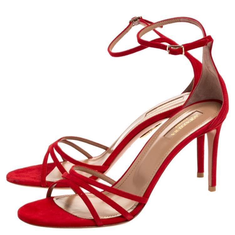 Pre Owned Aquazzura Red Suede Very Purist Ankle Strap Sandals Size 38.5