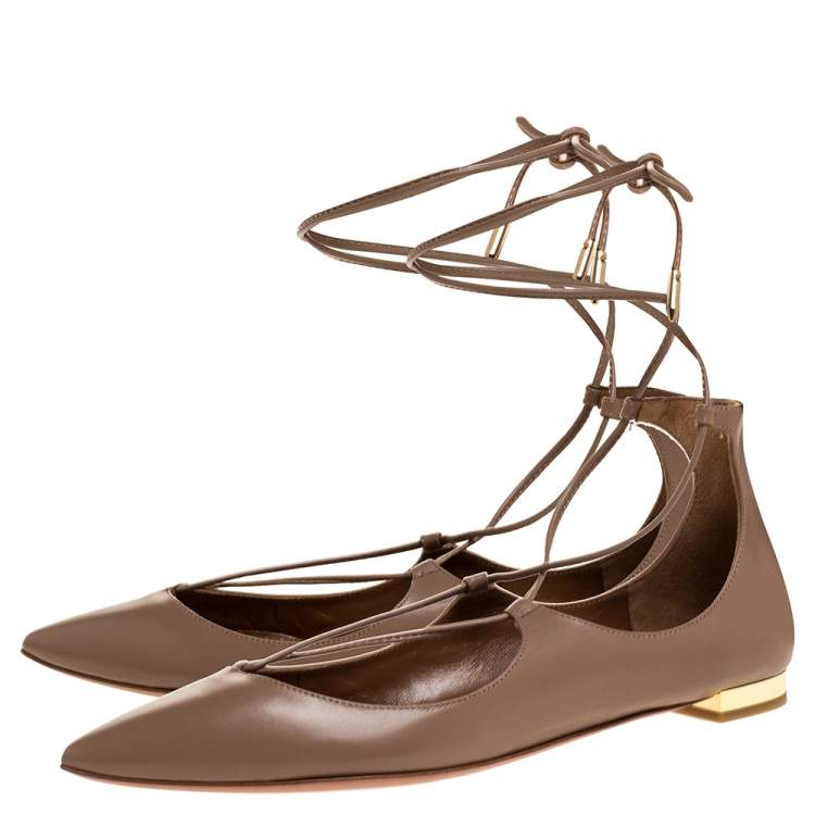 مملوكة مسبقًا Aquazzura Beige Leather Christy Ankle Wrap Ballet Flats Size 37