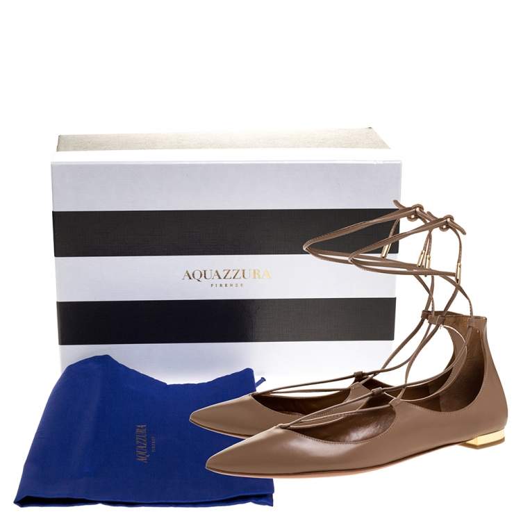 مملوكة مسبقًا Aquazzura Beige Leather Christy Ankle Wrap Ballet Flats Size 37