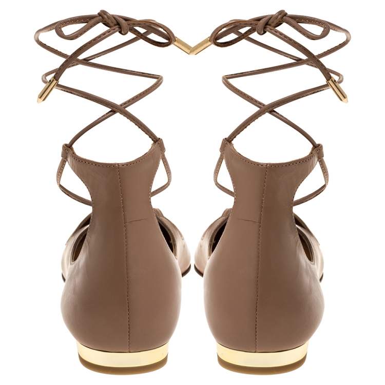 مملوكة مسبقًا Aquazzura Beige Leather Christy Ankle Wrap Ballet Flats Size 37