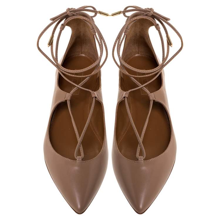 مملوكة مسبقًا Aquazzura Beige Leather Christy Ankle Wrap Ballet Flats Size 37