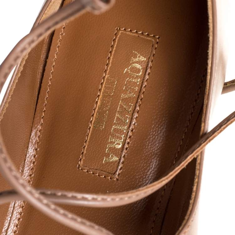 مملوكة مسبقًا Aquazzura Beige Leather Christy Ankle Wrap Ballet Flats Size 37