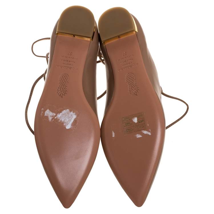مملوكة مسبقًا Aquazzura Beige Leather Christy Ankle Wrap Ballet Flats Size 37