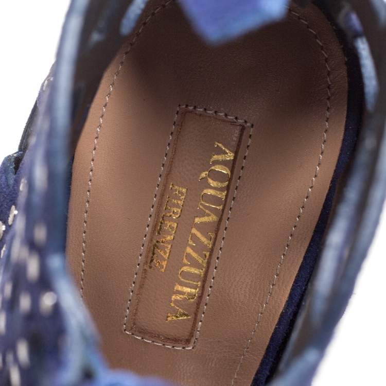 Pre Owned Aquazzura Blue Suede Leather Begum Studded Cut Out Open Toe Ankle Booties Size 36.5