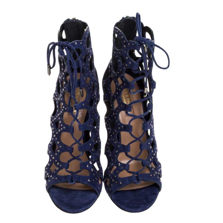 Pre Owned Aquazzura Blue Suede Leather Begum Studded Cut Out Open Toe Ankle Booties Size 36.5