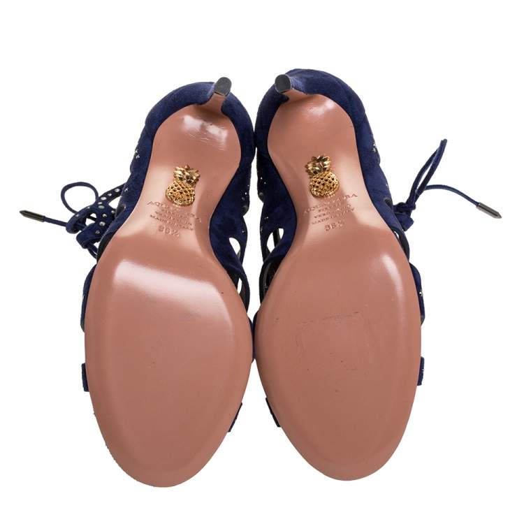 Pre Owned Aquazzura Blue Suede Leather Begum Studded Cut Out Open Toe Ankle Booties Size 36.5