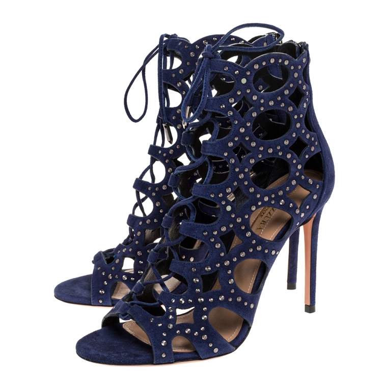 Pre Owned Aquazzura Blue Suede Leather Begum Studded Cut Out Open Toe Ankle Booties Size 36.5