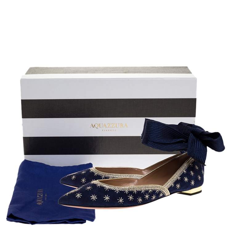 Pre Owned Aquazzura Blue Embroidered Suede Leather Bliss Ankle Wrap Ballet Flats Size 38