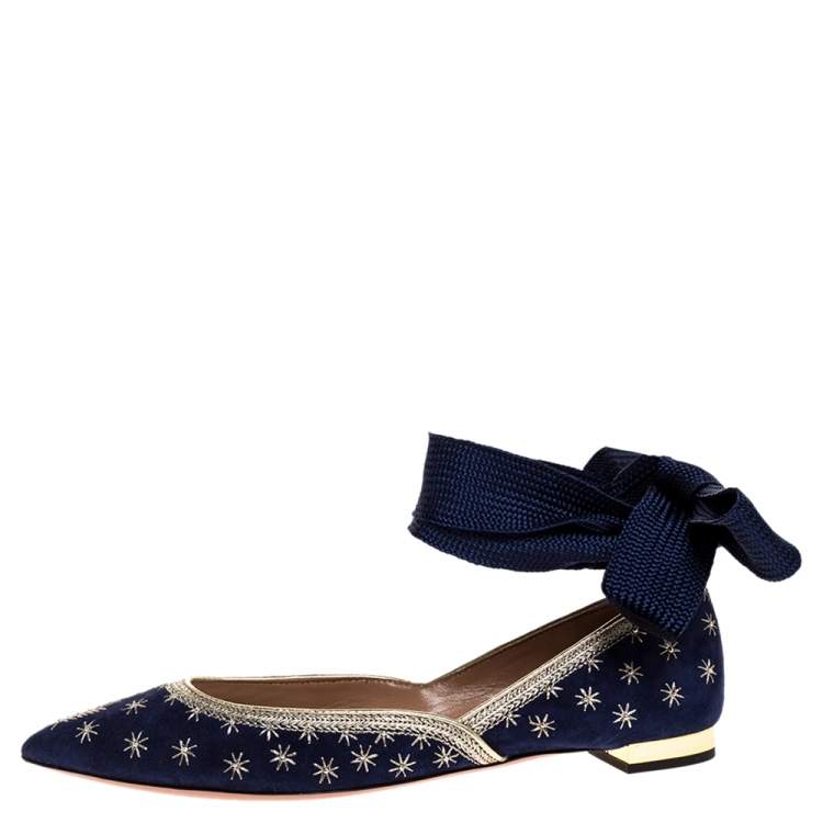 Pre Owned Aquazzura Blue Embroidered Suede Leather Bliss Ankle Wrap Ballet Flats Size 38
