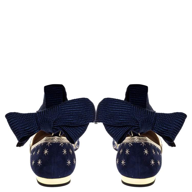 Pre Owned Aquazzura Blue Embroidered Suede Leather Bliss Ankle Wrap Ballet Flats Size 38