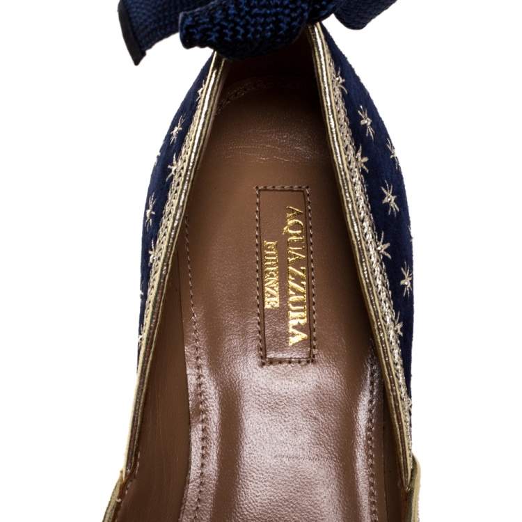 Pre Owned Aquazzura Blue Embroidered Suede Leather Bliss Ankle Wrap Ballet Flats Size 38