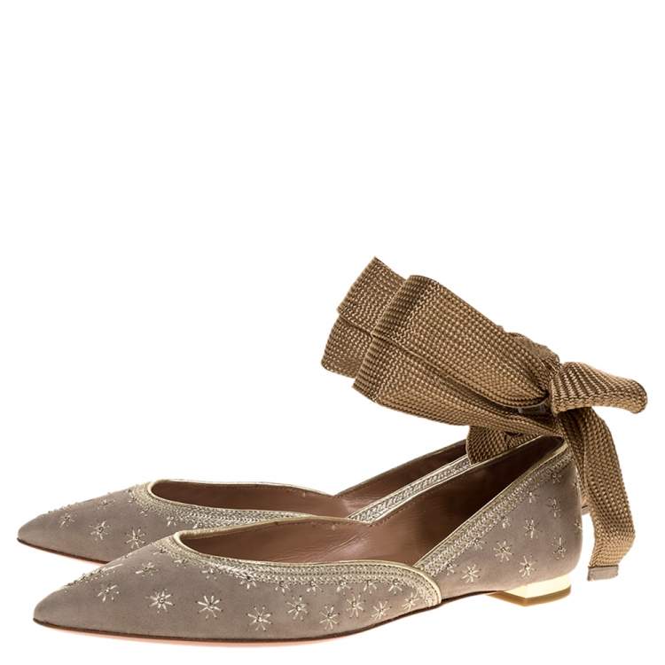 Pre Owned Aquazzura Grey Embroidered Suede Leather Bliss Ankle Wrap Ballet Flats Size 37