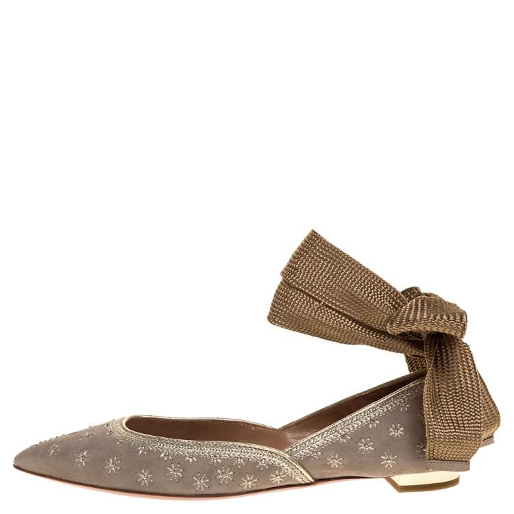 Pre Owned Aquazzura Grey Embroidered Suede Leather Bliss Ankle Wrap Ballet Flats Size 37