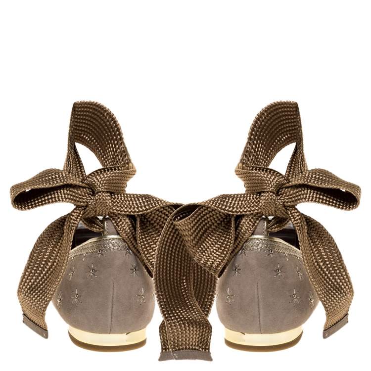 Pre Owned Aquazzura Grey Embroidered Suede Leather Bliss Ankle Wrap Ballet Flats Size 37