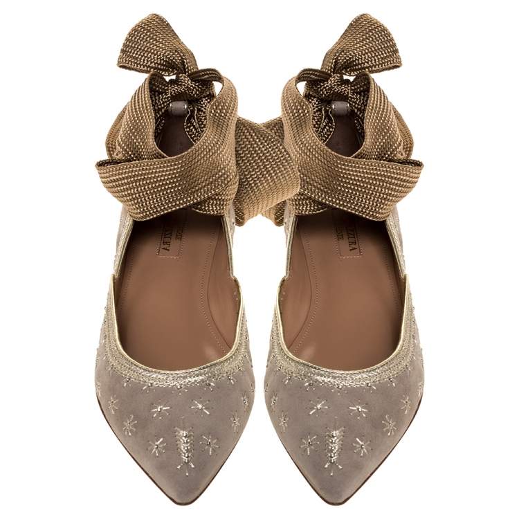 Pre Owned Aquazzura Grey Embroidered Suede Leather Bliss Ankle Wrap Ballet Flats Size 37