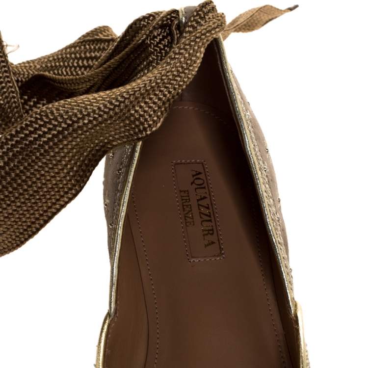 Pre Owned Aquazzura Grey Embroidered Suede Leather Bliss Ankle Wrap Ballet Flats Size 37