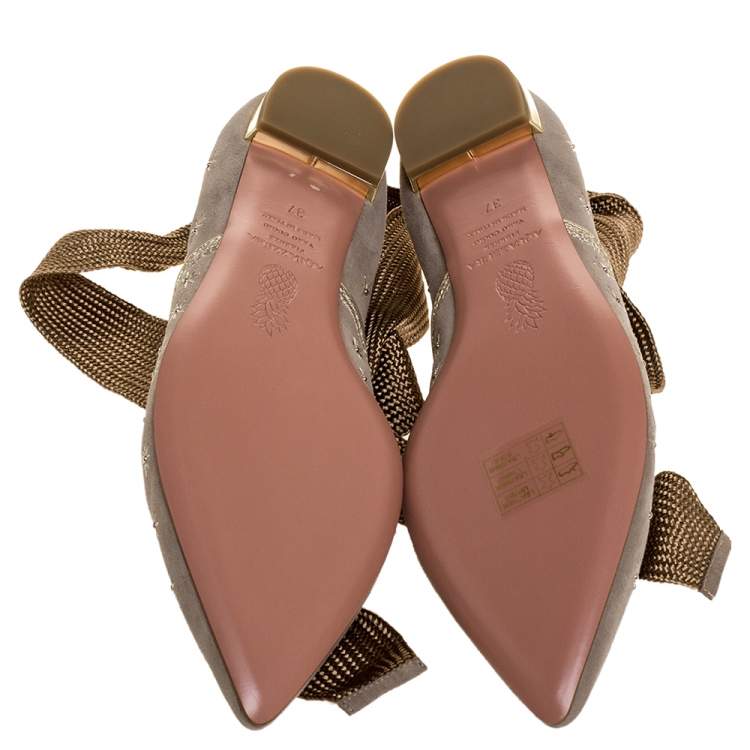 Pre Owned Aquazzura Grey Embroidered Suede Leather Bliss Ankle Wrap Ballet Flats Size 37