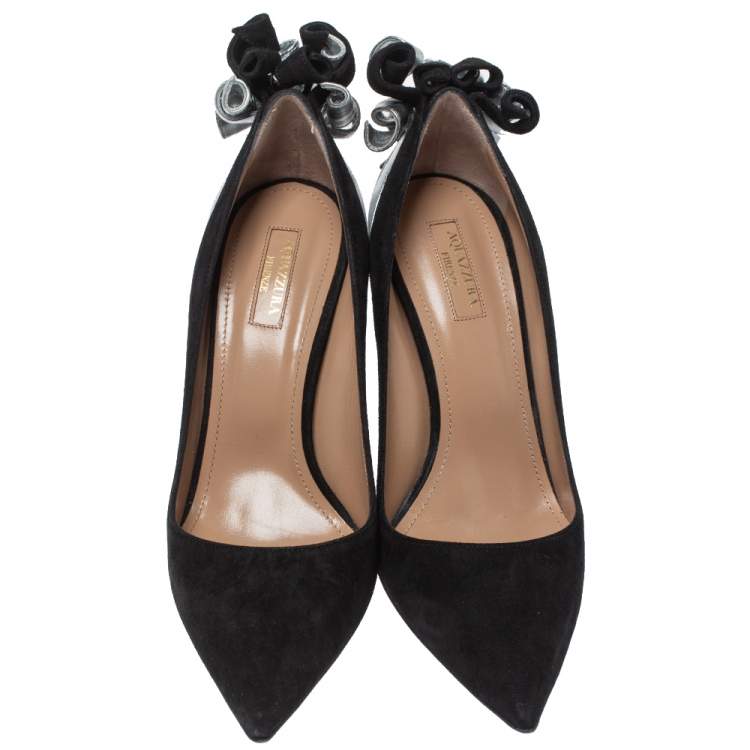 Pre Owned Aquazzura Black/Silver Suede and Leather Fire Pumps Size 40