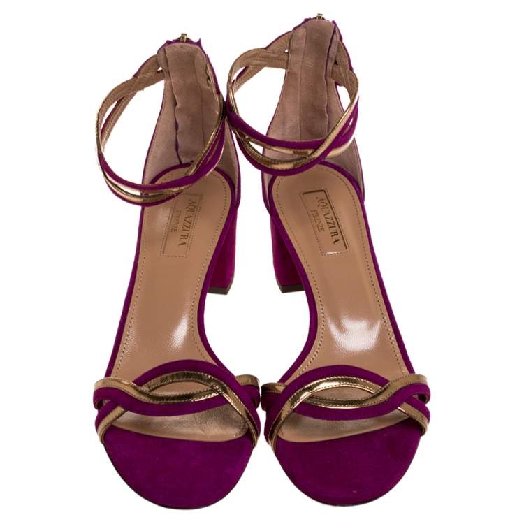 Pre Owned Aquazzura Purple/Gold Suede and Patent Leather Moon Ray Sandals Size 37.5