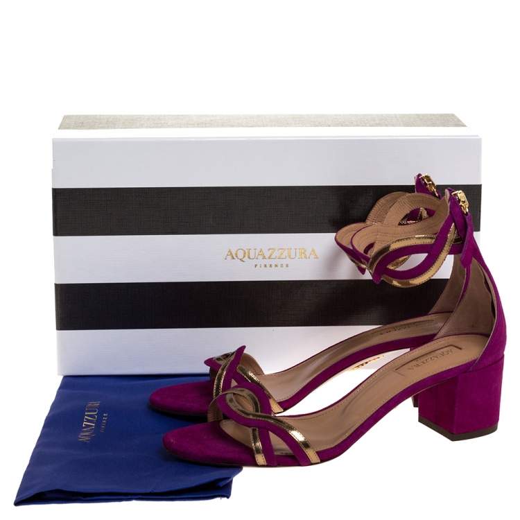 Pre Owned Aquazzura Purple/Gold Suede and Patent Leather Moon Ray Sandals Size 37.5