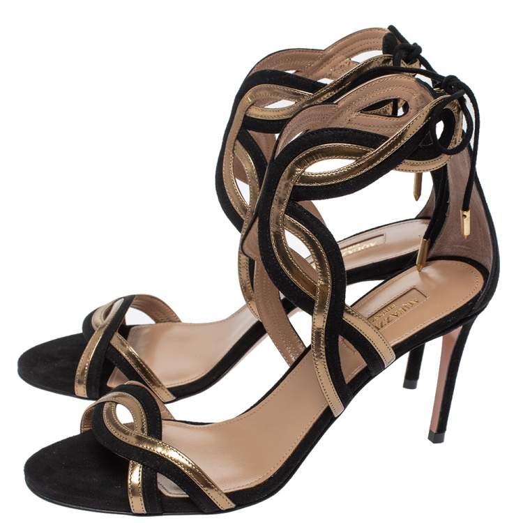 Pre Owned Aquazzura Black/Gold Suede and Patent Leather Moon Ray Sandals Size 38