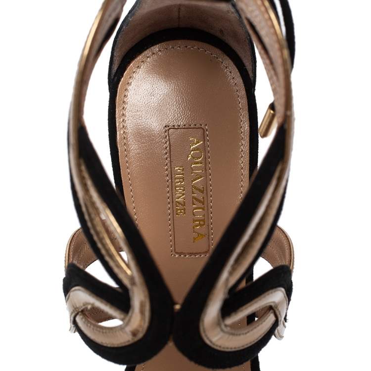 Pre Owned Aquazzura Black/Gold Suede and Patent Leather Moon Ray Sandals Size 38