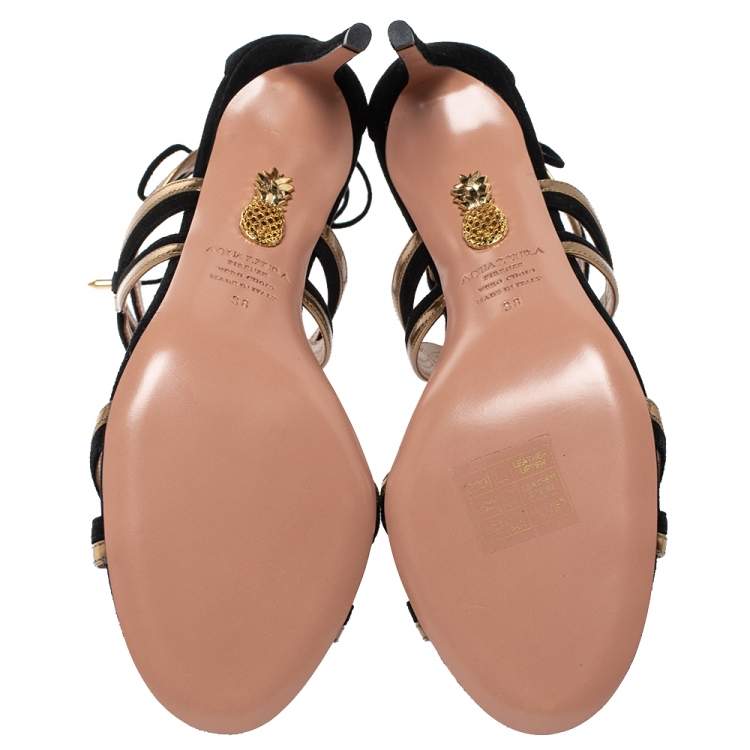 Pre Owned Aquazzura Black/Gold Suede and Patent Leather Moon Ray Sandals Size 38