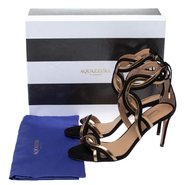 Pre Owned Aquazzura Black/Gold Suede and Patent Leather Moon Ray Sandals Size 38