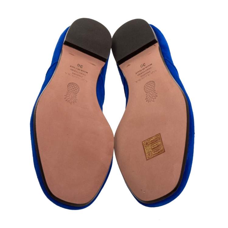 Pre Owned Aquazzura Royal Blue Suede Sunlight Embellished Loafers Size 38