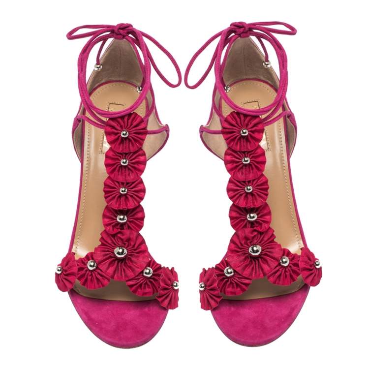 Pre Owned Aquazzura Magenta Suede Exotic Ankle Wrap Sandals Size 38