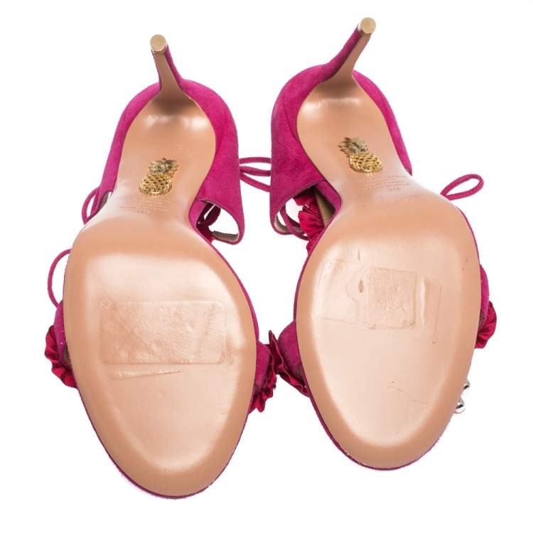 Pre Owned Aquazzura Magenta Suede Exotic Ankle Wrap Sandals Size 38