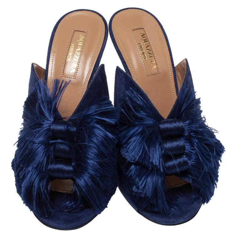 Pre Owned Aquazzura Navy Blue Suede Lotus Blossom Mules Size 36
