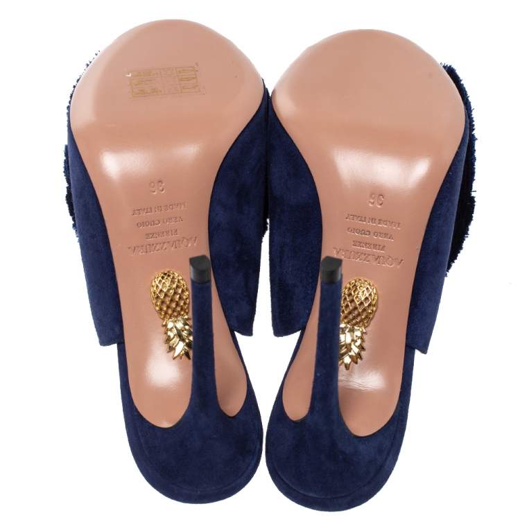 Pre Owned Aquazzura Navy Blue Suede Lotus Blossom Mules Size 36