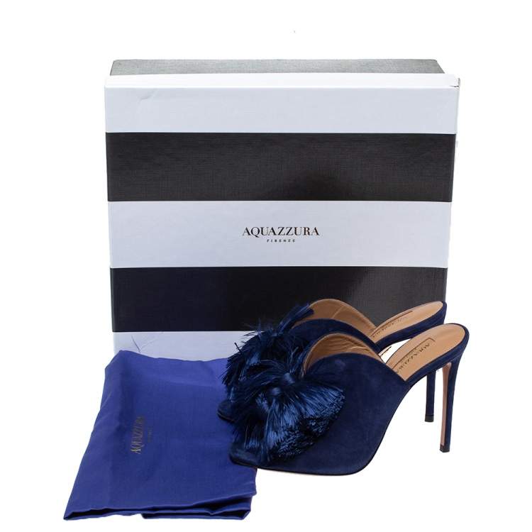 Pre Owned Aquazzura Navy Blue Suede Lotus Blossom Mules Size 36