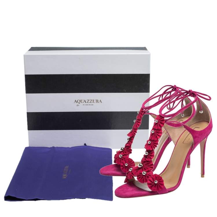 Pre Owned Aquazzura Magenta Suede Exotic Ankle Wrap Sandals Size 38.5
