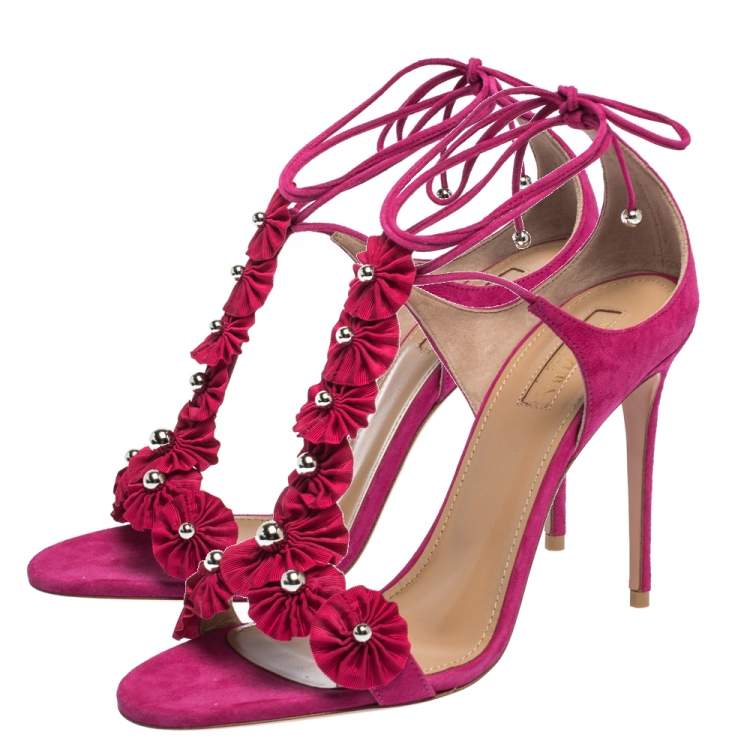Pre Owned Aquazzura Magenta Suede Exotic Ankle Wrap Sandals Size 38.5