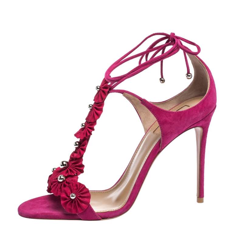 Pre Owned Aquazzura Magenta Suede Exotic Ankle Wrap Sandals Size 38.5