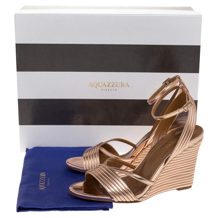 Pre Owned Aquazzura Rose Gold Patent Leather Sundance Wedge Sandals Size 36
