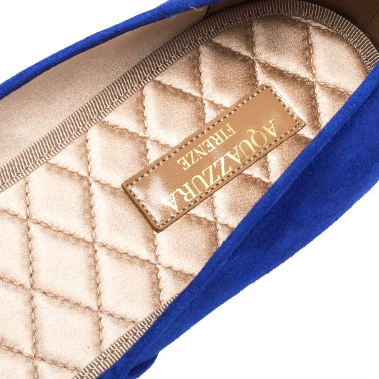 Pre Owned Aquazzura Royal Blue Suede Sunlight Embellished Loafers Size 39
