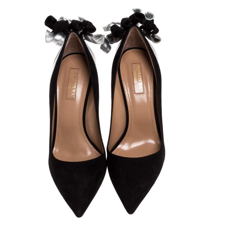 Pre Owned Aquazzura Black/Silver Suede Leather Fire Pointed Toe Pumps Size 38