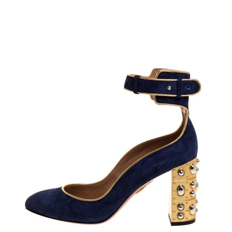 Pre Owned Aquazzura Navy Blue Suede Lucky Star Ankle Strap Pumps Size 38.5