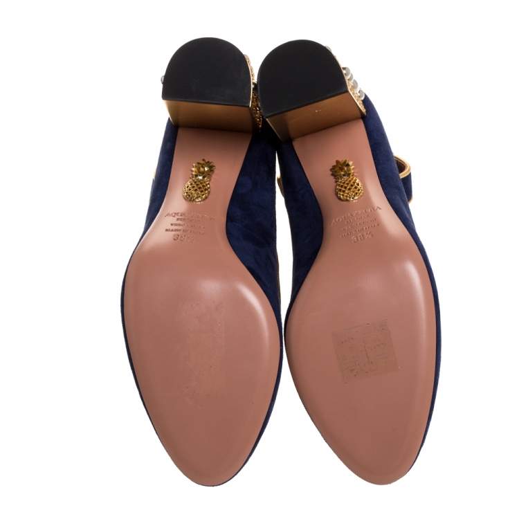 Pre Owned Aquazzura Navy Blue Suede Lucky Star Ankle Strap Pumps Size 38.5